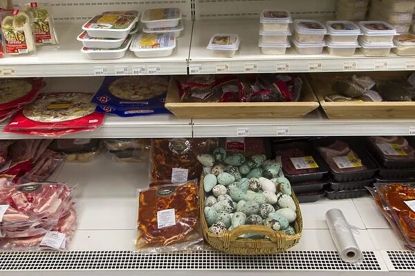 Common Guillemot (Uria aalge) eggs, for sale in supermarket, Iceland, June