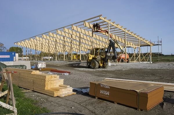 Construction work on farm building for loose housing, planks for wooden framework, Sweden, october