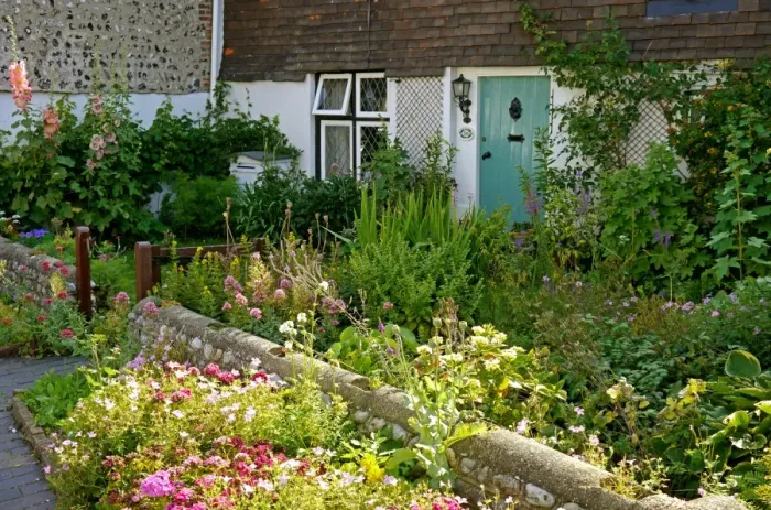 Framed Print : Cottage garden at front of house in village high street, Tarring, West Sussex, England Framed Print : Cottage garden at front of house in village high street, Tarring, West Sussex, England