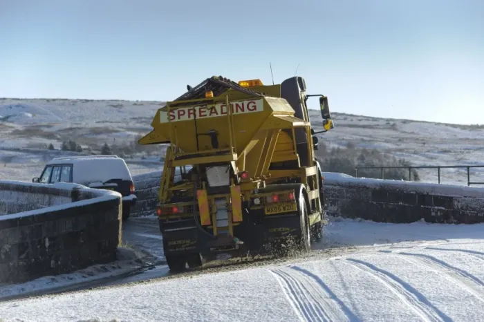 Framed Print : Council gritter lorry gritting snow covered rural road, Whitewell, Lancashire, England, november
