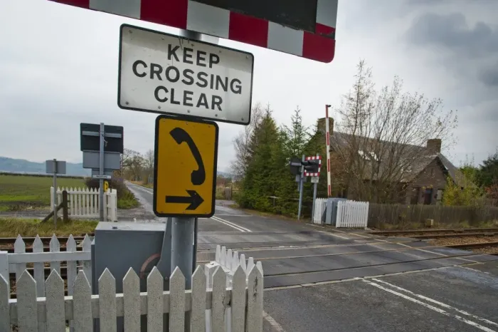 Framed Print : Keep Crossing Clear sign at railway level crossing, near Inchture, Perth and Kinross, Scotland, november Framed Print : Keep Crossing Clear sign at railway level crossing, near Inchture, Perth and Kinross, Scotland, november