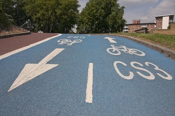 Cycle path in city, Limehouse, Tower Hamlets, London, England, september