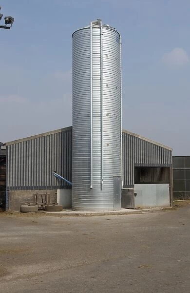 Dairy farming, metal feed bin on dairy farm, Lancashire, England, April