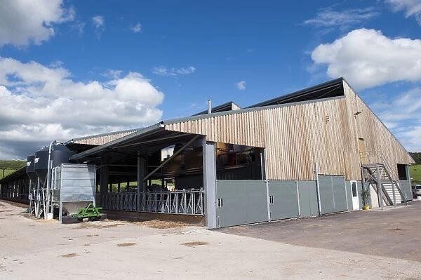 Dairy farming, new dairy unit building, built on greenfield site, Dumfries, Dumfries and Galloway, Scotland, June