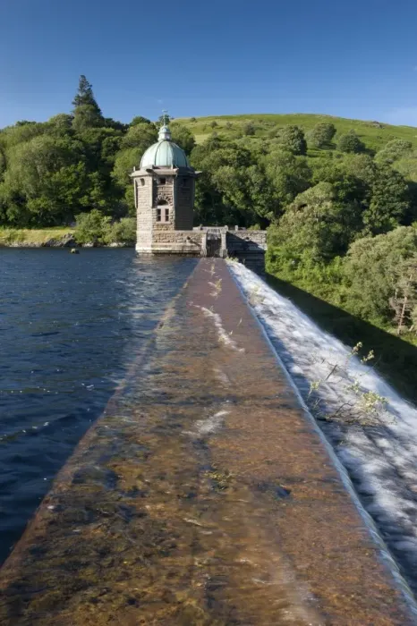 Framed Print : Dam overflow and pumping house on reservoir, Penygarreg Reservoir, Elan Valley, Powys, Wales, July Framed Print : Dam overflow and pumping house on reservoir, Penygarreg Reservoir, Elan Valley, Powys, Wales, July