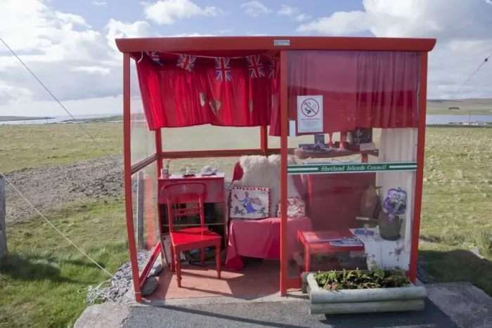Framed Print : Decorated rural bus shelter, Unst, Shetland Islands, Scotland, June Framed Print : Decorated rural bus shelter, Unst, Shetland Islands, Scotland, June