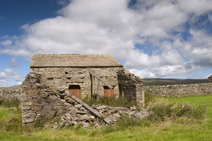 Framed Print : Derelict stone barn in farmland, Wensleydale, Yorkshire Dales N. P. North Yorkshire, England, August Framed Print : Derelict stone barn in farmland, Wensleydale, Yorkshire Dales N. P. North Yorkshire, England, August