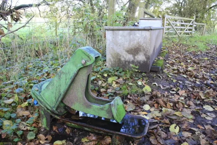 Framed Print : Domestic Cattle, nose pump cattle drinker, diaphragm pump with pumping lever which animal pushes with nose, in valley fen reserve, Hopton Fen, Hopton, Suffolk, England, november