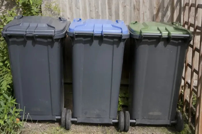 Framed Print : Domestic rubbish bins dividing general, recycling and garden refuse, England, June Framed Print : Domestic rubbish bins dividing general, recycling and garden refuse, England, June