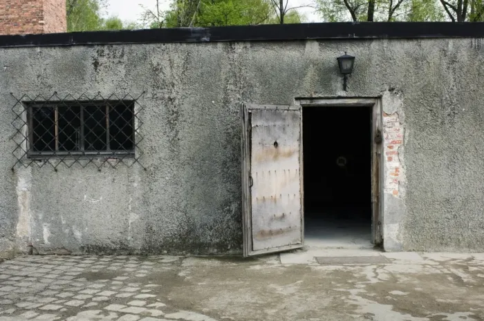 Framed Print : Door to gas-chamber, in concentration and extermination camp, Auschwitz, Poland Framed Print : Door to gas-chamber, in concentration and extermination camp, Auschwitz, Poland
