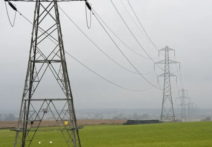 Framed Print : Electricity transmission pylons crossing over farmland, Forfar, Angus, Scotland, november Framed Print : Electricity transmission pylons crossing over farmland, Forfar, Angus, Scotland, november