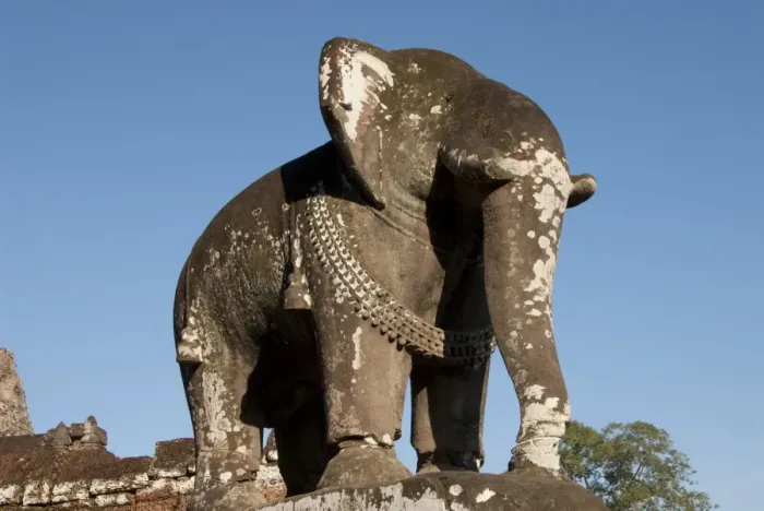Framed Print : Elephant sculpture at corner of Khmer temple, Mebon Oriental, Angkor, Siem Riep, Cambodia