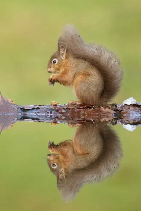 Framed Print : Eurasian Red Squirrel (Sciurus vulgaris) adult, feeding, sitting at edge of woodland pool with reflection Framed Print : Eurasian Red Squirrel (Sciurus vulgaris) adult, feeding, sitting at edge of woodland pool with reflection