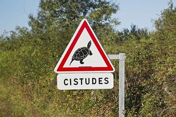 European Pond Terrapin (Emys orbicularis) Cistudes warning sign beside road, Parc Naturel Regional de la Brenne, Indre
