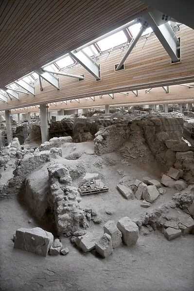 Excavation site of Minoan Bronze Age settlement, Akrotiri, Santorini, Cyclades, Aegean Sea, Greece, September