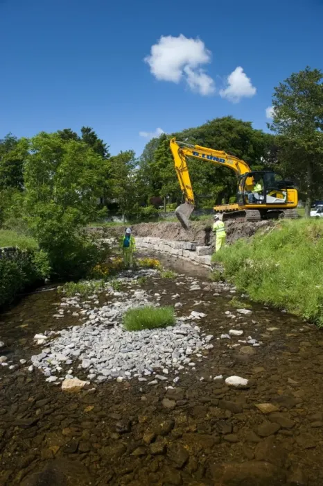 Framed Print : Excavator improving stream bank to help prevent flooding, Cumbria, England, june Framed Print : Excavator improving stream bank to help prevent flooding, Cumbria, England, june