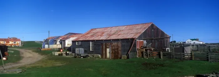 Framed Print : Falkland Islands Pebble Island Settlement - colourful farm buildings - Falklands Framed Print : Falkland Islands Pebble Island Settlement - colourful farm buildings - Falklands