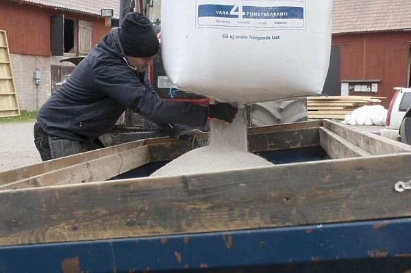 Farmer emptying bag of nitrogen granular fertilizer granules into fertilizer spreader, Sweden, may