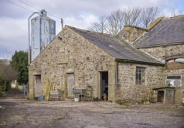 Farmyard with stone buildings and metal feed bin, Chipping, Lancashire, England, February