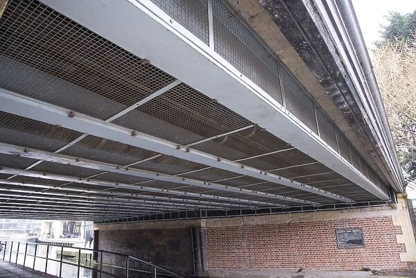 Feral Pigeon (Columba livia) pigeon-proof metal mesh protecting bridge, Maiden Lane Bridge, Regents Canal, Islington