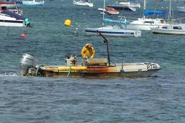 Fisherman fishing for clams, clamming boat with pump scoop dredge, Poole Harbour, Dorset, England, july