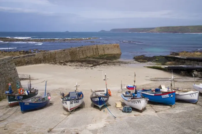 Framed Print : Fishing boats moored at harbour in coastal village, Sennen Cove, Sennen, Cornwall, England, May Framed Print : Fishing boats moored at harbour in coastal village, Sennen Cove, Sennen, Cornwall, England, May