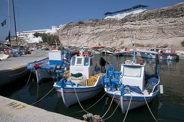 Fishing boats moored in harbour, Vlychada, Santorini, Cyclades, Aegean Sea, Greece, September