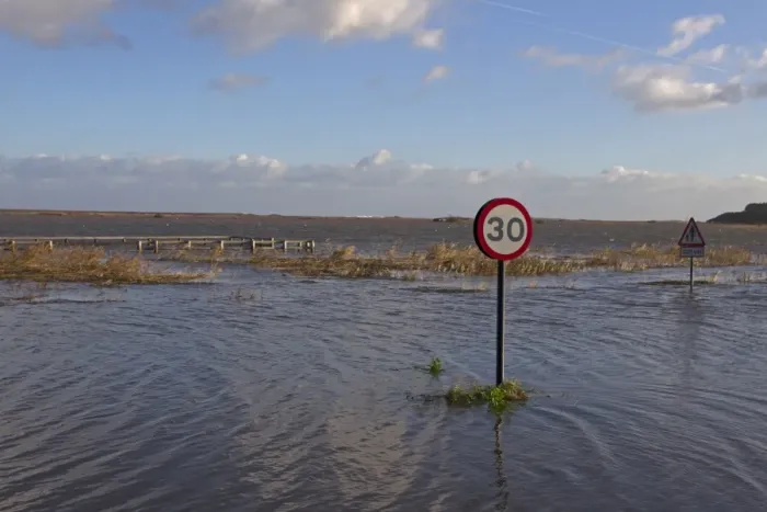 Framed Print : Flooded coast road and marshes after tidal surge, Cley-next-the-sea, North Norfolk, England, December 2013 Framed Print : Flooded coast road and marshes after tidal surge, Cley-next-the-sea, North Norfolk, England, December 2013