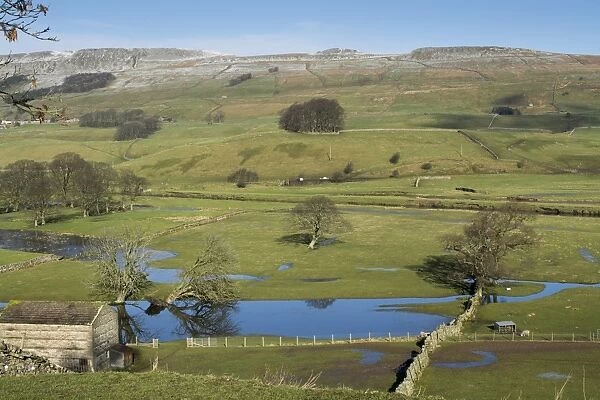 Floodwater on pasture in valley farmland, looking from Burtersett towards Hawes, Wensleydale, Yorkshire Dales N. P