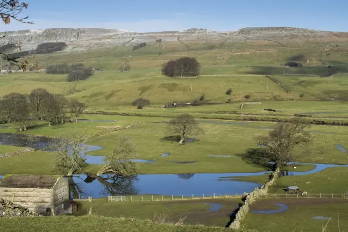 Framed Print : Floodwater on pasture in valley farmland, looking from Burtersett towards Hawes, Wensleydale, Yorkshire Dales N. P Framed Print : Floodwater on pasture in valley farmland, looking from Burtersett towards Hawes, Wensleydale, Yorkshire Dales N. P