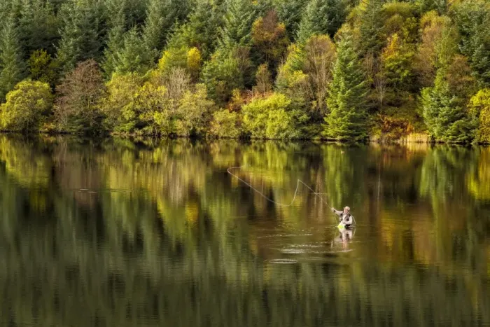 Framed Print : Fly fishing in reservoir, Cantref Reservoir, Taff Fawr Valley, Brecon Beacons N. P. Powys, Wales, October