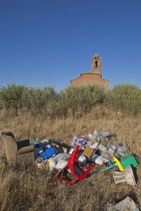 Framed Print : Flytipping of furniture and plastic rubbish in rural area, Northern Spain, july Framed Print : Flytipping of furniture and plastic rubbish in rural area, Northern Spain, july