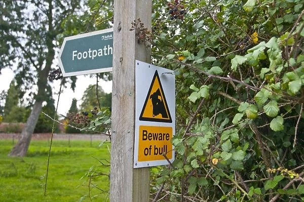 Footpath and Beware of Bull signs at edge of pasture, Wattisfield, Suffolk, England, august