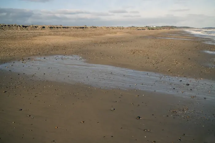 Framed Print : Fresh water seeping out from the water table on Minsmere beach at low tide, Suffolk Framed Print : Fresh water seeping out from the water table on Minsmere beach at low tide, Suffolk