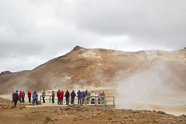Geothermal activity with tourists on viewing platform, Namafjall, Myvatn, Iceland, May