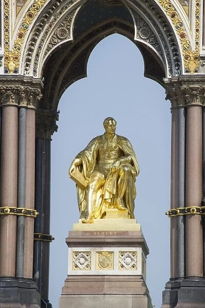 Gilded memorial statue of Prince Albert, Albert Memorial, Kensington Gardens, City of Westminster, London, England