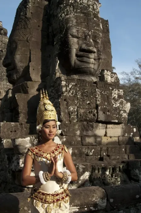 Framed Print : Girl dancer wearing Apsara (dancer) costume in Khmer temple, Bayon, Angkor Thom, Siem Riep, Cambodia