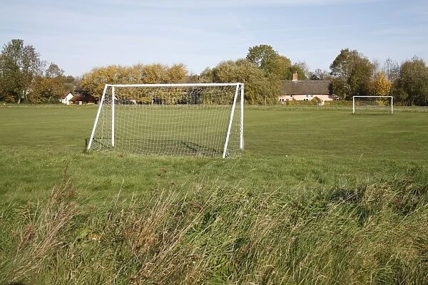 Goal posts on village football pitch, The Carnser, Mellis Common, Mellis, Suffolk, England, october