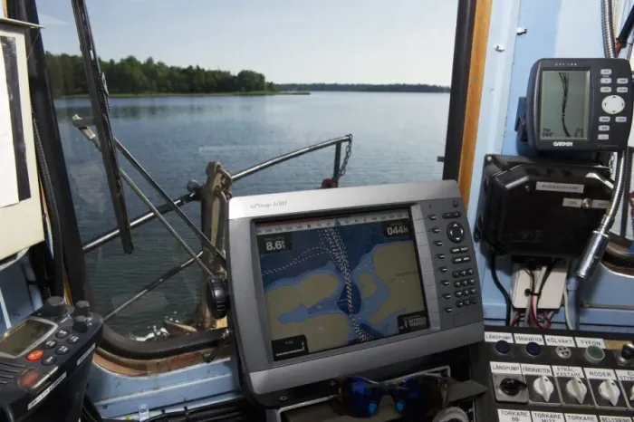 Framed Print : GPS map in control cabin on boat, near Hargshamn, Baltic Sea, Uppsala County, Sweden, june