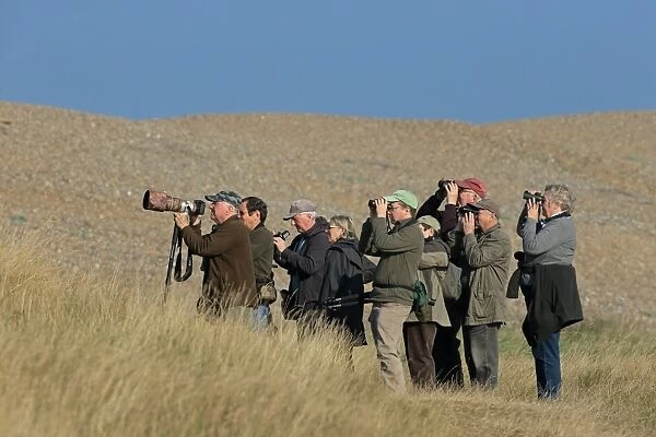 Group of birdwatchers with binoculars and camera with telephoto lens at coast, Norfolk, England, September