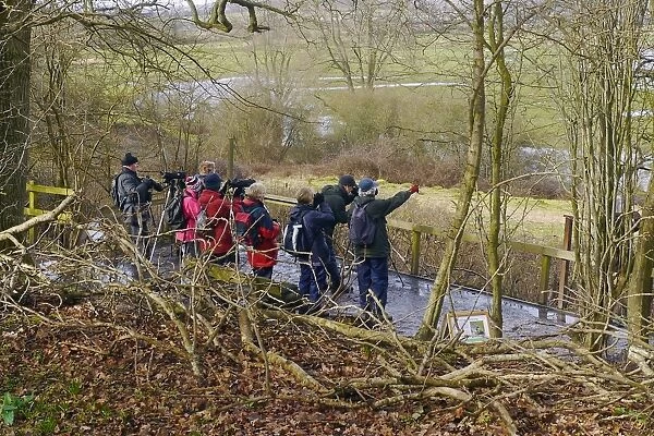 Group of birdwatchers with binoculars and telescopes, Jupp's View, Pulborough Brooks, RSPB Reserve, West Sussex, England, february