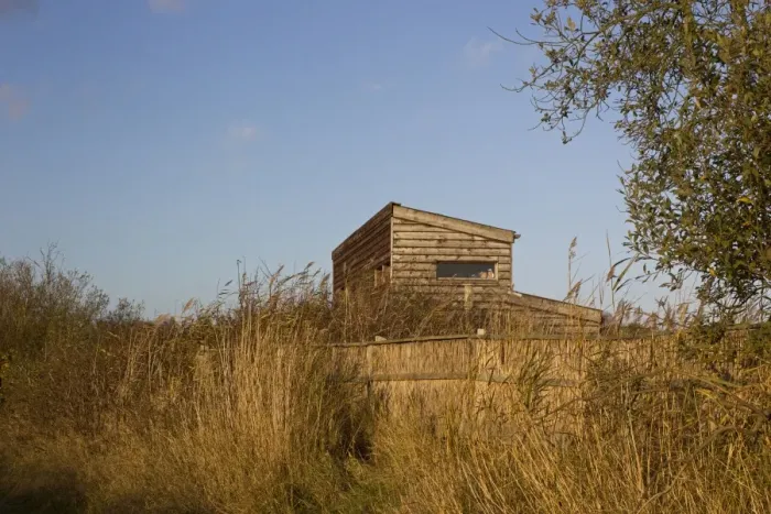 Framed Print : Hide in coastal wetland, West Hide, Minsmere RSPB Reserve, Suffolk, England, november