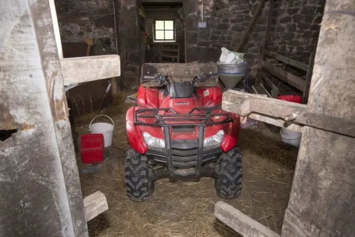 Framed Print : Honda quadbike inside farm barn, Chipping, Lancashire, England, August Framed Print : Honda quadbike inside farm barn, Chipping, Lancashire, England, August