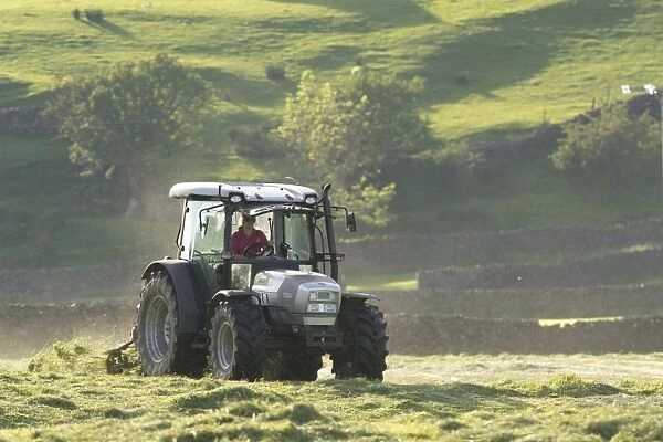 Hurlimann tractor with tedder, turning grass in upland hay meadow, Swaledale, Yorkshire Dales N. P