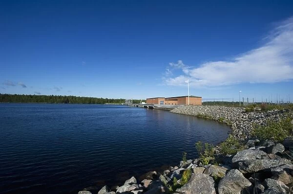 Hydro-electric powerstation with reservoir and dam, Ljusnan River, Ljusne, Halsingland, Norrland, Sweden, august