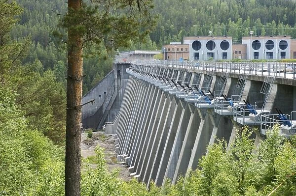 Hydroelectricity dam on river, Romsele Powerstation, Faxalven (Fax River), Angermanland, Sweden, June