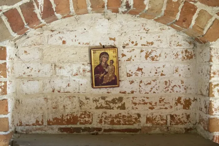Framed Print : Icon of Mary and Jesus on church wall, Vendels Church, Uppland, Sweden, june