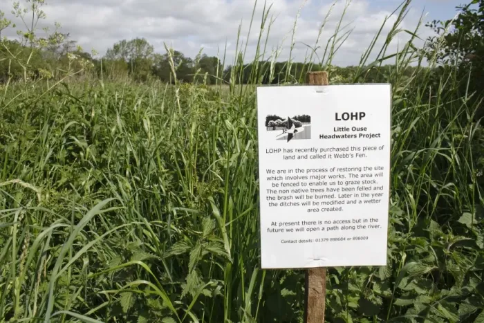 Framed Print : Information sign at recently purchased land for fen habitat restoration project, Little Ouse Headwaters Project Framed Print : Information sign at recently purchased land for fen habitat restoration project, Little Ouse Headwaters Project
