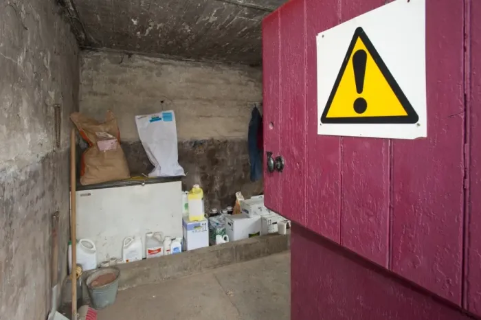 Framed Print : Interior of chemical store on farm, Cheshire, England, august