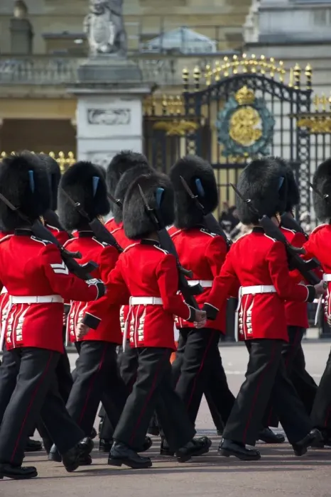 Framed Print : Irish Guards guardsmen in ceremonial uniforms, Changing of the Guard outside palace, Buckingham Palace
